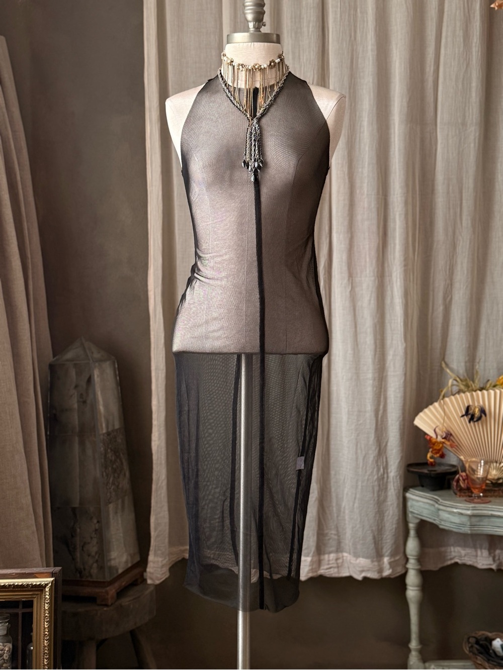 True Vintage Sheer Black Mesh midi Dress racerback y2k rave beach coverup